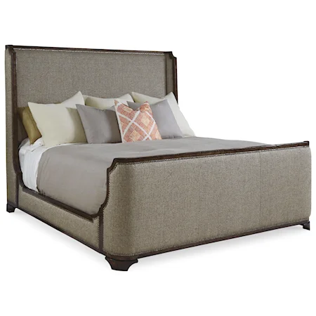 Queen Upholstered Shelter Bed with Nailhead Trim and Wood Edge